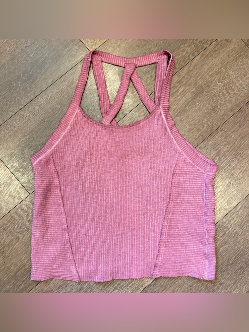 💕 POL Pink Ribbed Cross Back Tank Top Size Large Boho Athleisure